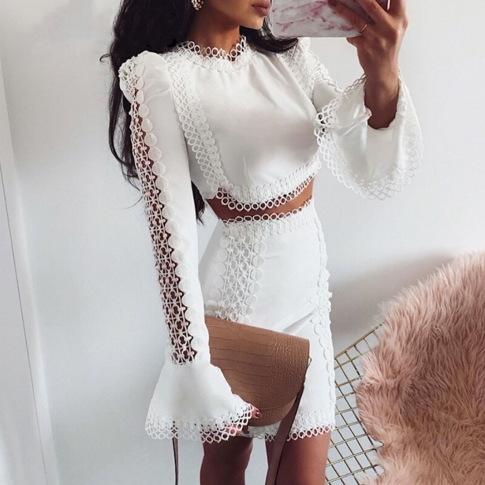 White 2 Piece Guipure Detail Skirt Set - Picture 2 of 16